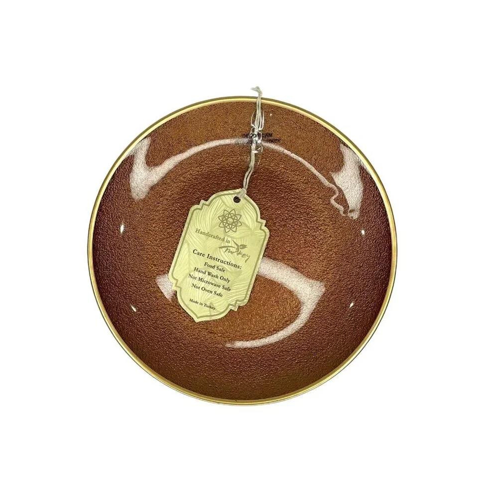 Turkish Glass 4 Salad Dessert Plates Set Brown Bronze Texture Gold Rim 8.25